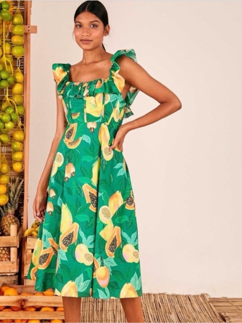 FARM Rio Green Tropical Papaya Print Midi Dress